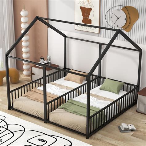 Amazon.com: P PURLOVE Double Twin Floor Bed Frame for 2 Kids,Twin Size ...