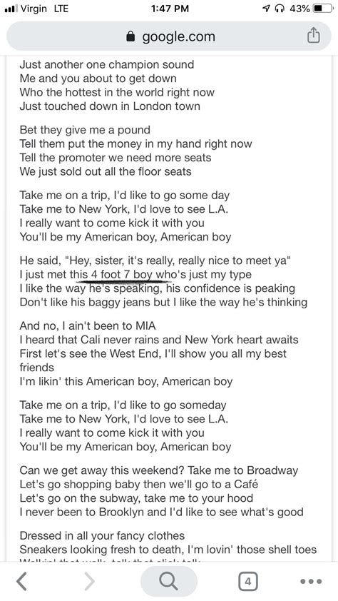 Lyrics for American Boy on Google. 4’7” and 5’7” are a big difference ...