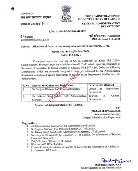 Ladakh Govt orders for assigning of additional charge to IAS Officers