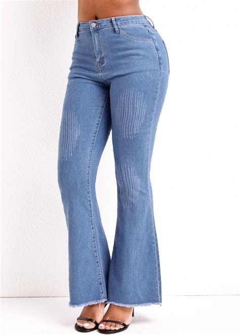 Zipper Denim Blue Flare Leg Mid Waisted Jeans | Rosewe.com - USD $29.98