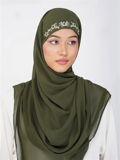 Shop Olive Green Zahra Hijab in Soft Faux Georgette Fabric