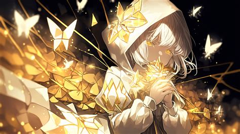 Download wallpaper 2560x1440 girl, hood, flowers, gold, glow, anime ...