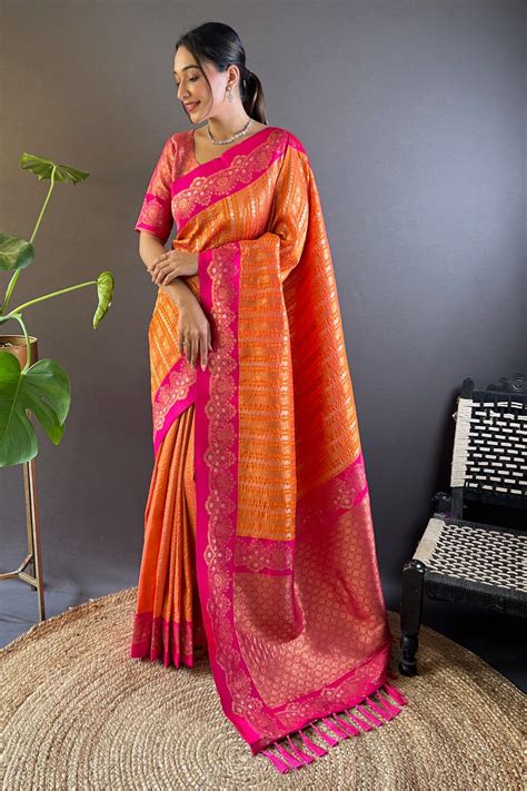 Buy Salmon Orange Zari Woven Banarasi Saree Online - MySilkLove