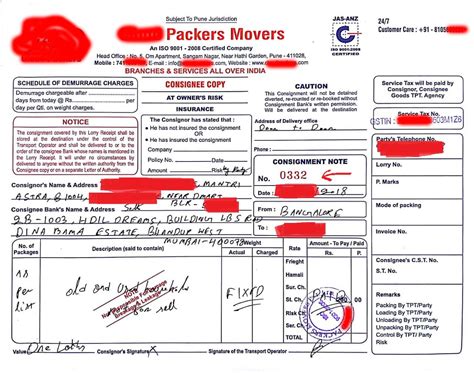 Free Packers and Movers Bill Sample for Reference