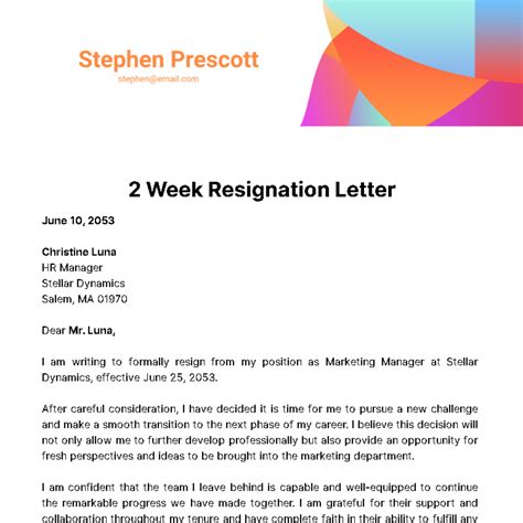 Free 2 Week Resignation Letter Template to Edit Online