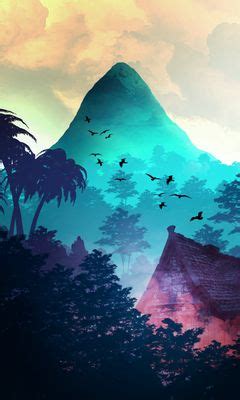 Download wallpaper 240x400 mountain, birds, trees, palm trees, tropics ...