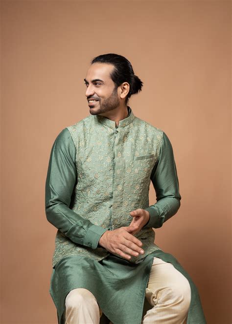 Olive Green Heavy Thread Embroidery Bundi – VIDEER FASHION