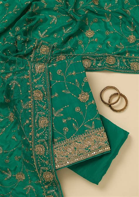 Buy Rama Green Zariwork (Gold) Semi Crepe Unstitched Salwar Suit - Koskii