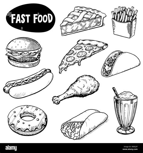 A collection of fast food items including a hamburger, pizza slice, hot ...