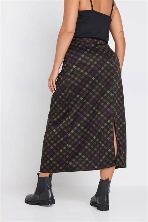 YOURS Plus Size Black Geometric Print Split Hem Midi Skirt | Yours Clothing