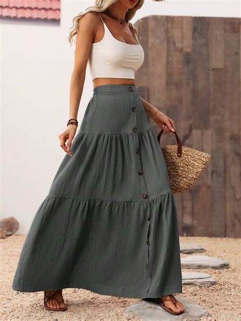 Breezaya Women's Single-Breasted Skirt With Ruffle Hem, Casual Summer ...
