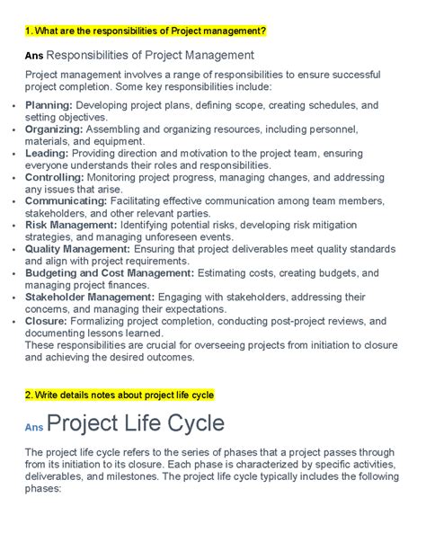 Project Management - 123 - 1. What are the responsibilities of Project ...