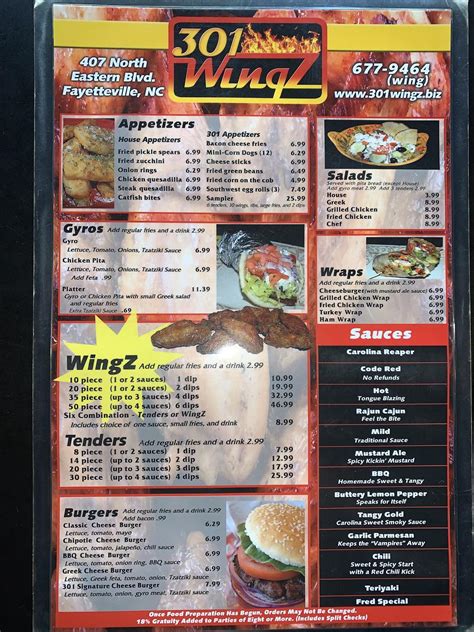 Menu at 301 Wingz pub & bar, Fayetteville