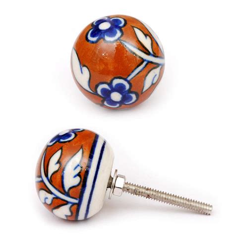 Brown Ceramic Cabinet Knob with Blue Flowers and White Leaves – NEERJA ...
