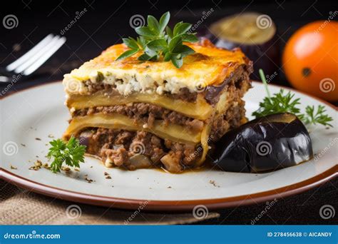 Close-up of a Savory Moussaka, a Traditional Greek Dish, Revealing the Rich Layers of Eggplant ... - layers of eggplant and meat