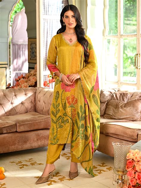 Green Printed Silk Embroidered Suit- Set of 3