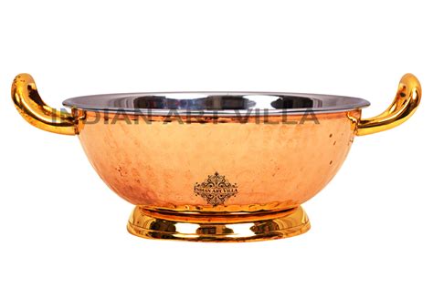 Pure Steel Copper Hammered Design Kadhai with Brass Handle and Bottom ...