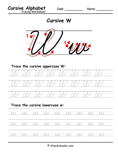 Tracing worksheet: Cursive letter W - Free Printable PDF | Alien Schooler