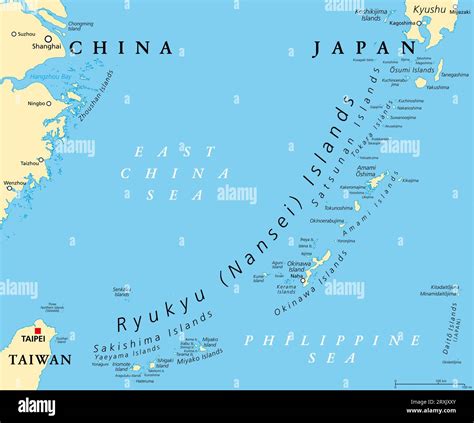 Ryukyu Islands, also known as Nansei Islands, political map. The Ryukyu ...