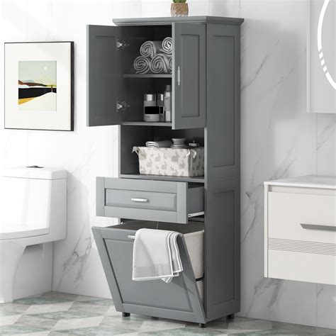 Tall Bathroom Cabinet with Laundry Basket, Freestanding Bathroom ...