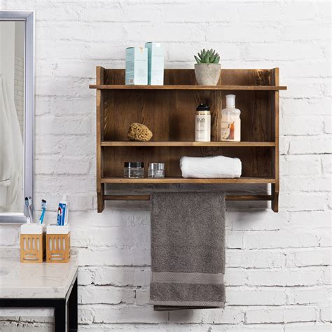 MyGift Solid Wood Wall Mounted Bathroom Shelves with Towel Bar ...