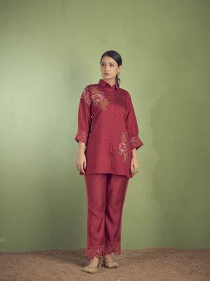 Buy Varanga Women Workwear Maroon Embroidered Silk Co-Ord (Set Of 2) Online