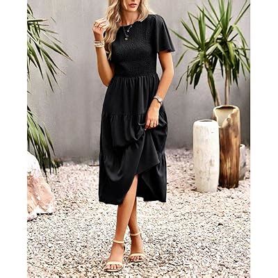 Buy HANMAX Women's Summer Flutter Short Sleeve Smocked Midi Dress ...