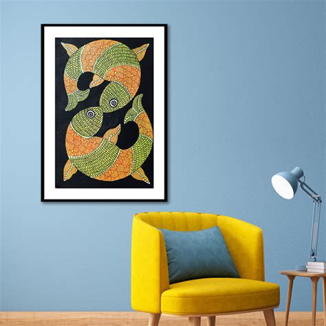 Yellow and Orange Fishes Gond Art Painting For Home Wall Art Decor ...