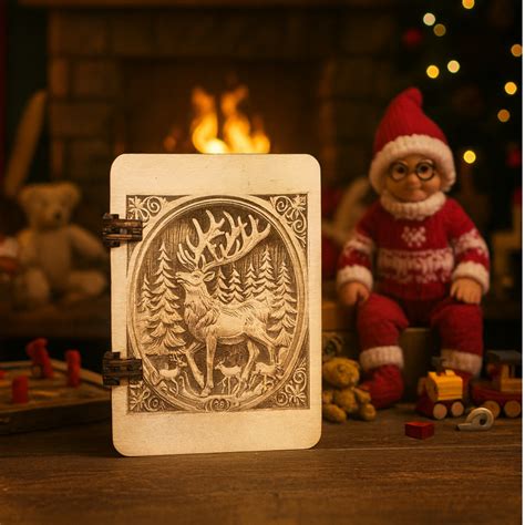 Wood Engraved Christmas Greeting Card with Deer Design 5"x7" Includes ...