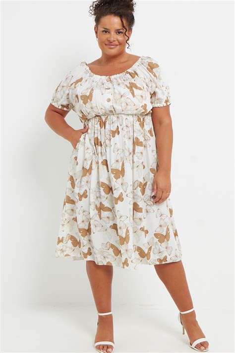 Plus Size Brown Butterfly Print Bardot Elasticated Waist Mini Dress ...