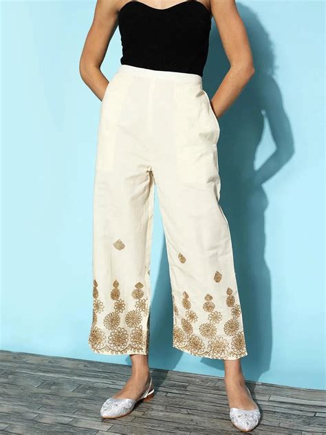 Buy Cream Embroidered Cotton Palazzos Online at Rs.439 | Libas
