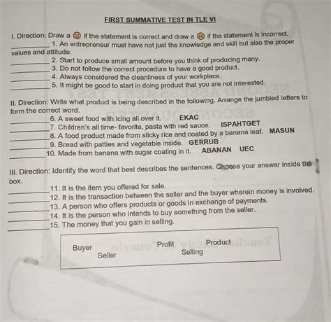 FIRST SUMMATIVE TEST IN TLE V L Direction: Draw at the statement is ...