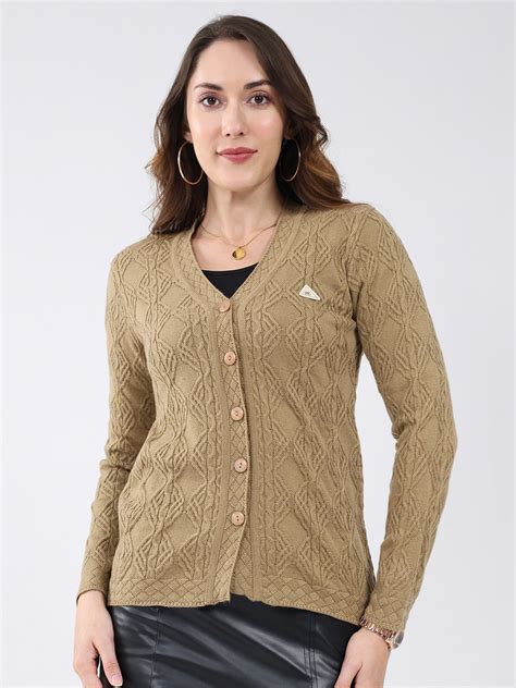 Buy Women Khaki Self Design V Neck Full Sleeve Cardigan Online in India ...