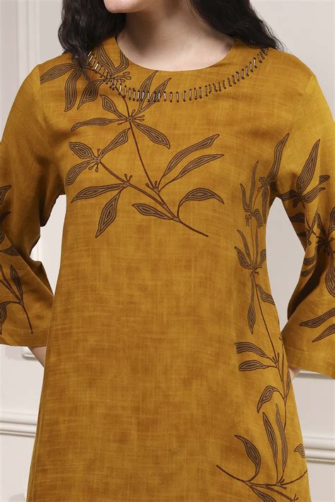 Buy Mustard Yellow Viscose Rayon Straight Printed Kurta Pants Set ...