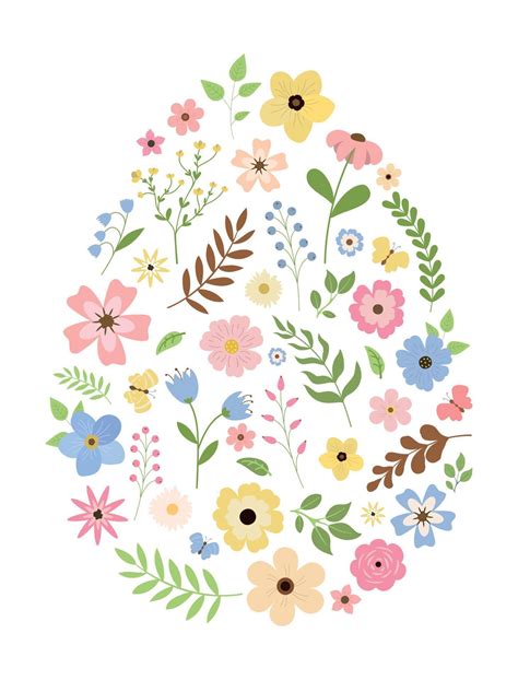 Colorful flowers and herbs Easter egg shape illustration. Great for ...