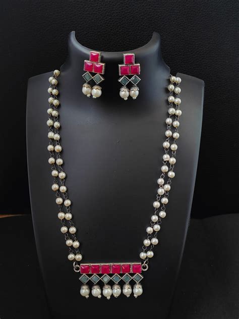 Buy Pink and Sea Green Stone Long Oxidised Pearl Necklace Set – The ...