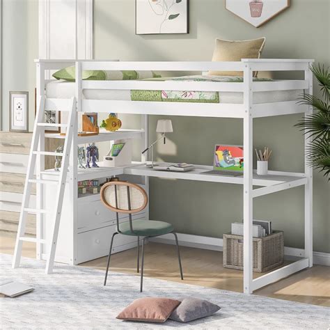 Buy Twin Size Loft Bed with Safety Ladder, Desk, Shelves and Two Built ...
