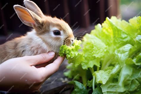 Premium AI Image | Feeding a cute bunny lettuce leaves treat