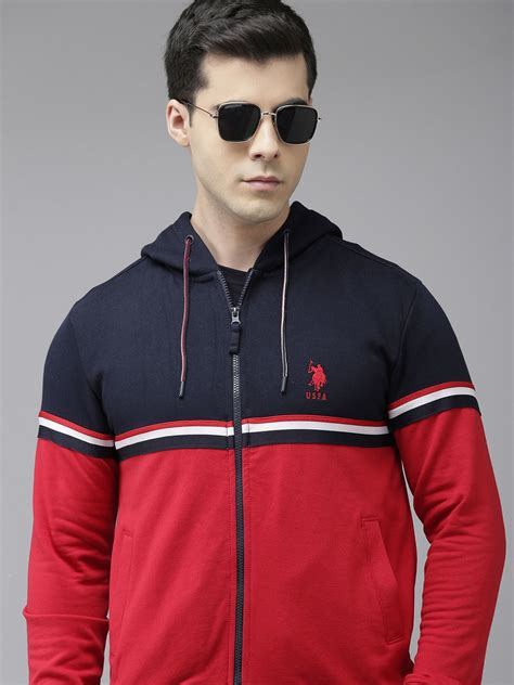 Buy U S Polo Assn Men Navy Blue & Red Colourblocked Hooded Sweatshirt ...