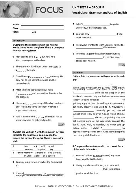 Focus 4 B2/B2+ Unit Test 1: Vocabulary & Grammar for Group B - Studocu