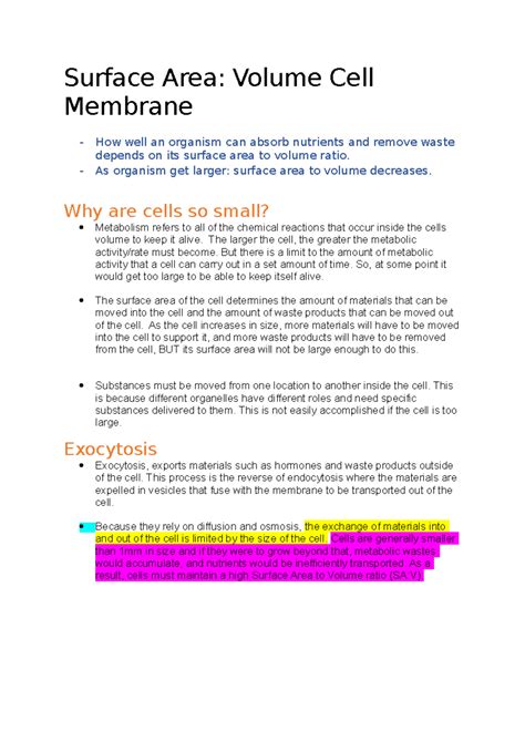 Surface Area to Volume Cell membrane - Surface Area: Volume Cell Membrane - How well an organism ...