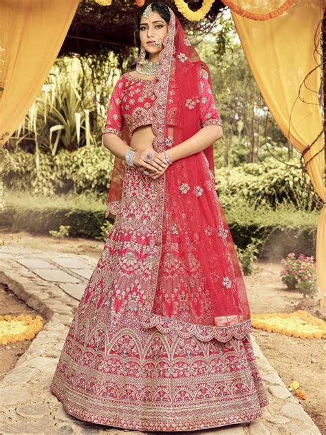 Red Embroidered Silk Semi Stitched Lehenga