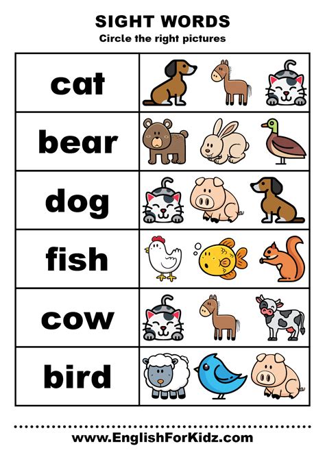 Sight words animals | English activities for kids, Teach english to ...