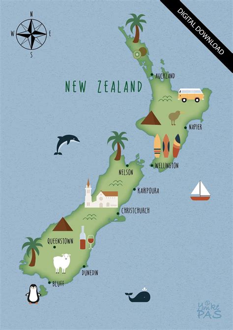 Illustrated Map of New Zealand Art Print Poster Travel Map Digital Download - Etsy