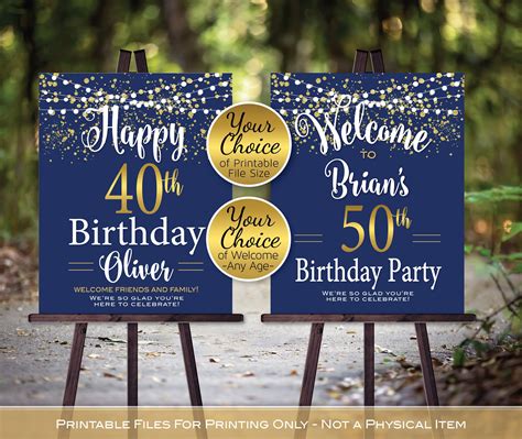 Birthday Welcome Sign Printable | Navy | Garland Lights | Gold Confetti ...