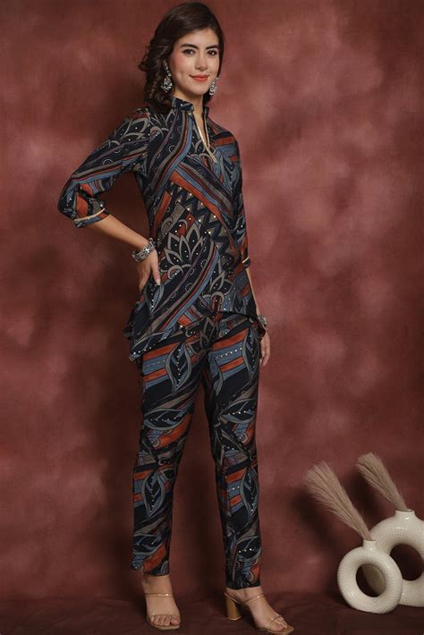 Navy Abstract Printed Chanderi Silk Co-Ord Set for Women | S-XXL | Cla