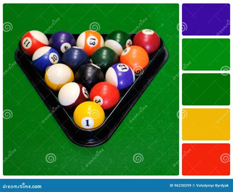 Billiard Balls in a Green Pool Table with Palette Color Swatches Stock ...