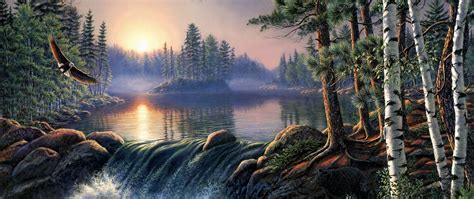 Download wallpaper forest, landscape, fog, river, sunrise, eagle, bear ...