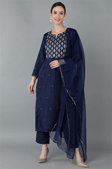 Ahika Women Navy Blue Silk Blend Yoke Design Solid