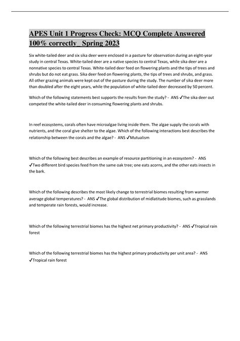 APES Unit 1 Progress Check: MCQ Complete Answered 100% correctly ...